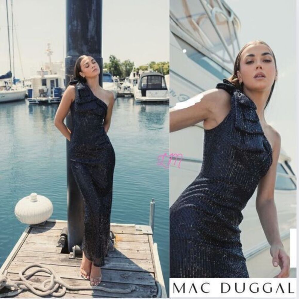 NWT Mac Duggal 11283 Sequined Bow One Shoulder Column Gown Sizeβ 2 Black
